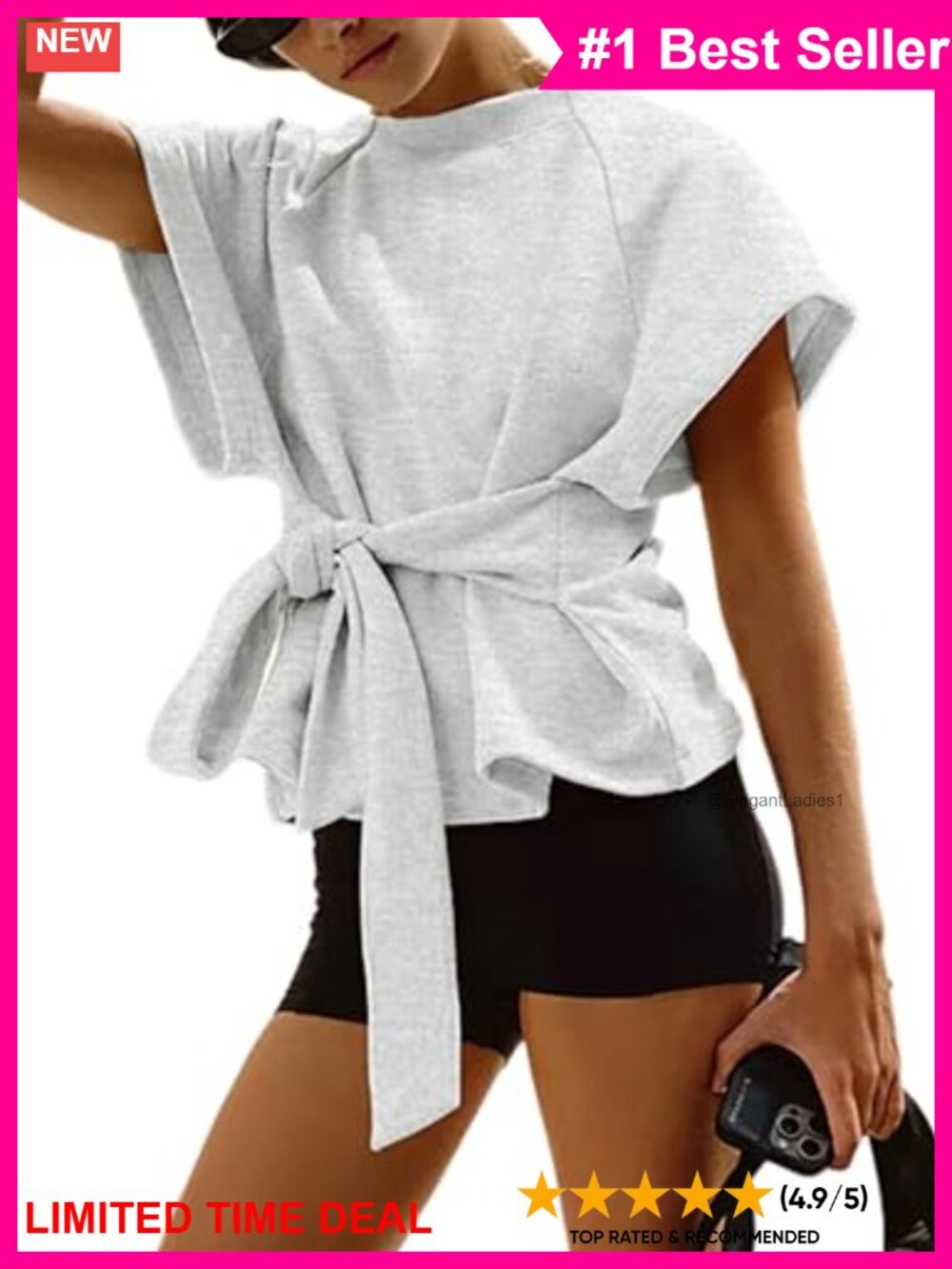 Women's Summer Short Sleeve Scoop Neck Tie Knot Athleisure Tee Top